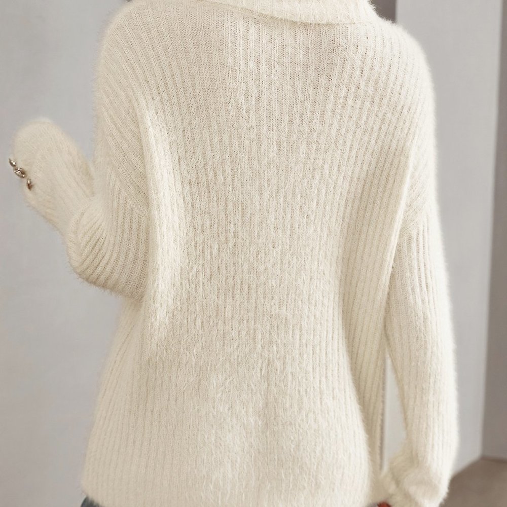 White Preppy Womens Turtleneck Drop Shoulder Sweater - Picture 2 of 5